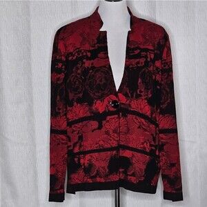 Ming Wang Deep Red & Black Rose Explosion Stand Up Notch Collar Knit Sweater